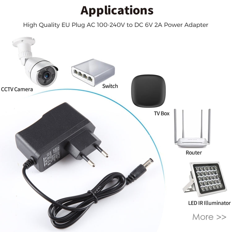 EU 플러그 AC 100-240V에서 DC 6V 2A 전원 어댑터, 팁: 5.5 x 2.1mm, 케이블 길이: 1.1m, EU 플러그 DC 6V 2A