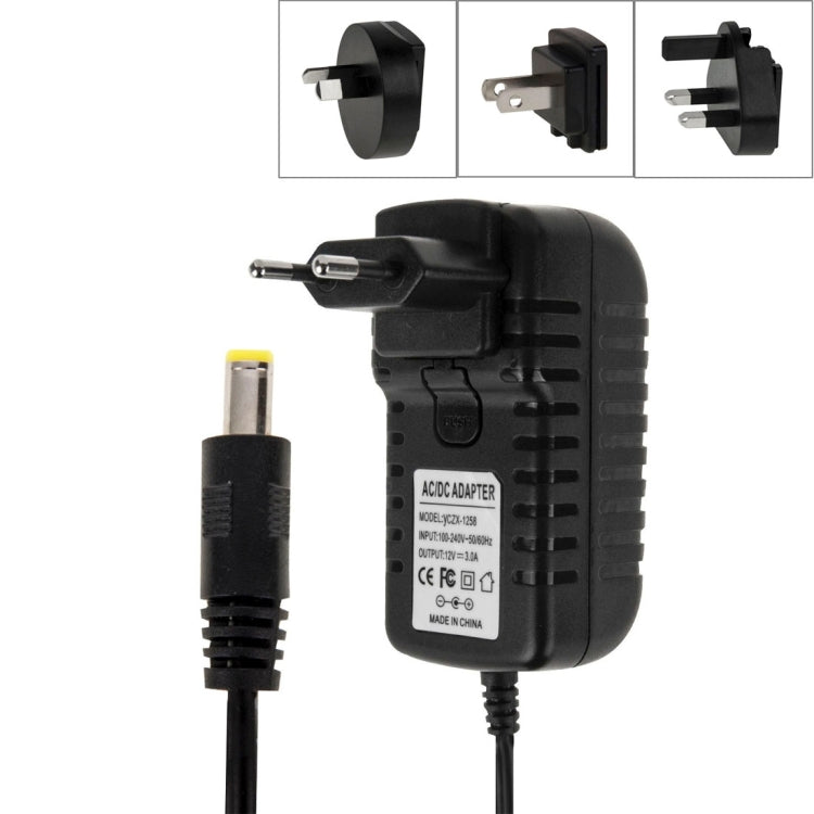 4 in 1 EU 플러그 + 미국 플러그 + 영국 플러그 + 호주 플러그 AC 100-240V에서 DC 12V 3A 전원 어댑터, 팁: 5.5 x 2.1mm, 케이블 길이: 약 1.2m, EU+미국+영국+호주 플러그