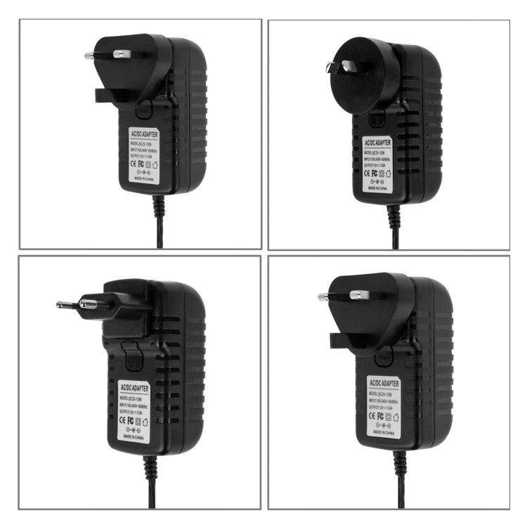 4 in 1 EU 플러그 + 미국 플러그 + 영국 플러그 + 호주 플러그 AC 100-240V에서 DC 12V 3A 전원 어댑터, 팁: 5.5 x 2.1mm, 케이블 길이: 약 1.2m, EU+미국+영국+호주 플러그