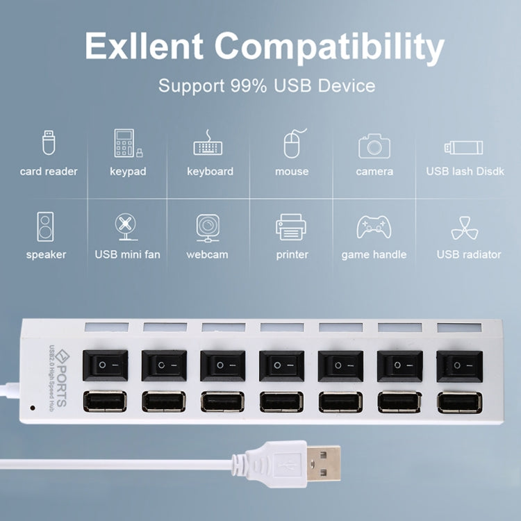7포트 USB 허브 2.0 USB 분배기 고속 480Mbps ON/OFF 스위치 / 7개 LED, 7포트 (화이트), 7포트 (블랙)