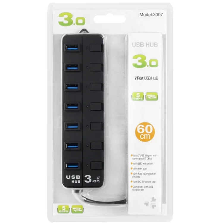 각 데이터 전송 포트별 개별 스위치가 있는 7포트 USB 3.0 허브, 7포트 (블랙)