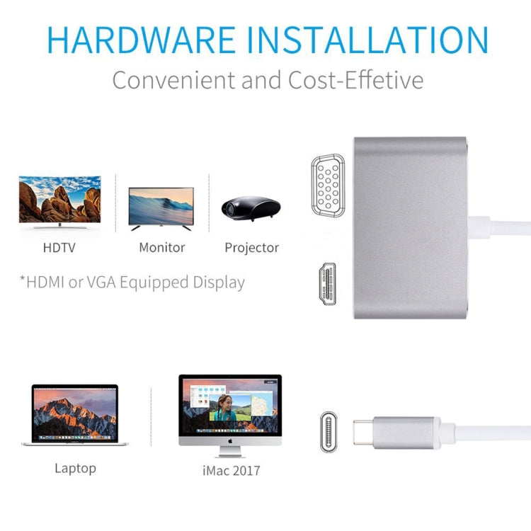 2 in 1 VGA 및 HDMI 암-USB-C / Type-C 수 허브 분배기 어댑터, VGA+HDMI