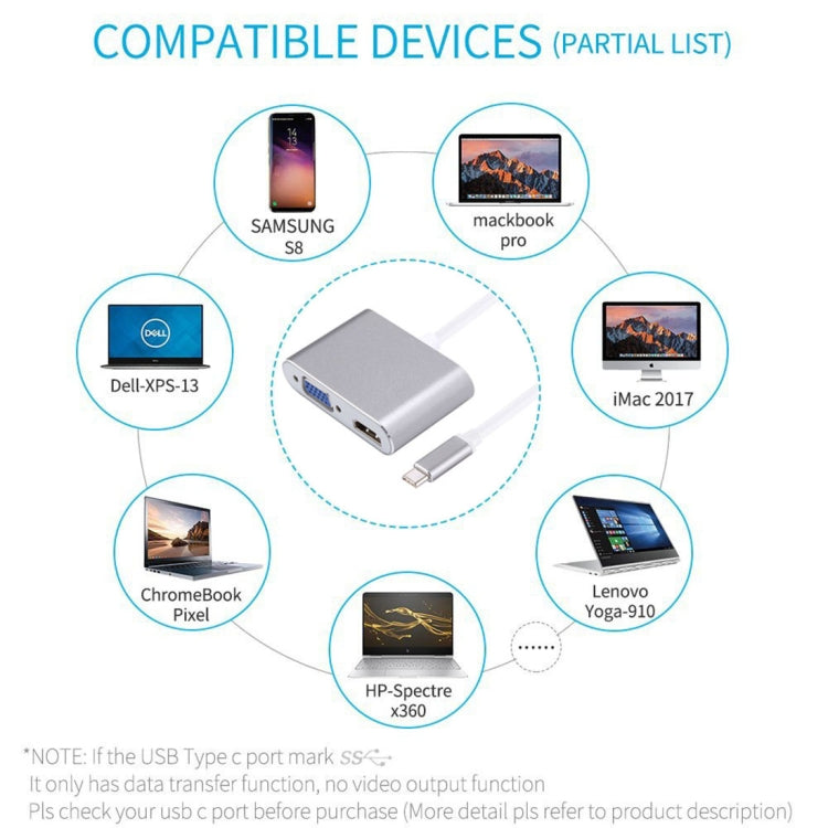 2 in 1 VGA 및 HDMI 암-USB-C / Type-C 수 허브 분배기 어댑터, VGA+HDMI