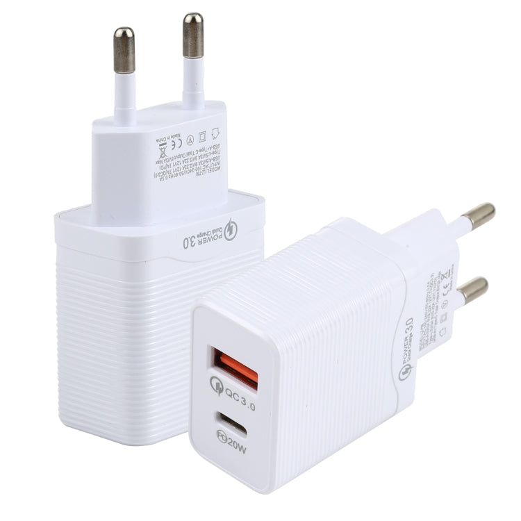 LZ-728 QC 3.0 USB + PD 20W USB-C / Type-C 고속 여행용 충전기, EU 플러그, EU 플러그