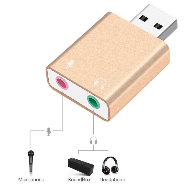 알루미늄 케이스 3.5mm 잭 외장 USB 사운드 카드 HIFI 매직 보이스 7.1 채널 어댑터 드라이버 무료 컴퓨터, 데스크탑, 스피커, 헤드셋, 마이크용, 알루미늄 7.1 채널 골드