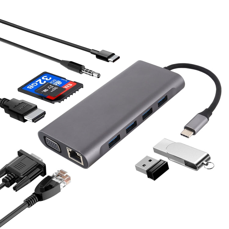 11 in 1 VGA + LAN 포트 + 4 x USB 3.0 + SD / TF 카드 + HDMI + 오디오 포트 + USB-C / Type-C 암-USB-C / Type-C 허브 어댑터, 11포트 to Type-C