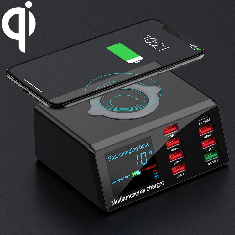 X9 9-in-1 QC 3.0 USB 인터페이스 + 6 USB 포트 + PD 65W 포트 + QI 무선 고속 충전 다기능 충전기 LED 디스플레이 포함, X9