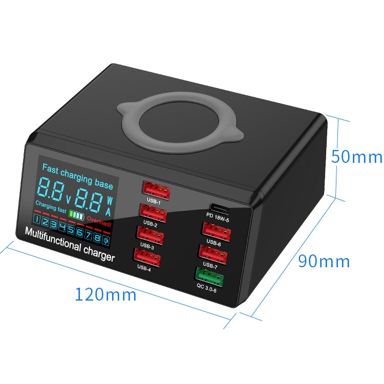 X9 9-in-1 QC 3.0 USB 인터페이스 + 6 USB 포트 + PD 65W 포트 + QI 무선 고속 충전 다기능 충전기 LED 디스플레이 포함, X9