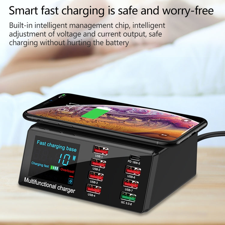 X9 9-in-1 QC 3.0 USB 인터페이스 + 6 USB 포트 + PD 65W 포트 + QI 무선 고속 충전 다기능 충전기 LED 디스플레이 포함, X9