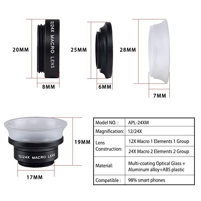 APEXEL APL-24X-H 2-in-1 범용 외장 12X & 24X 매크로 휴대폰 렌즈, 렌즈 후드 포함