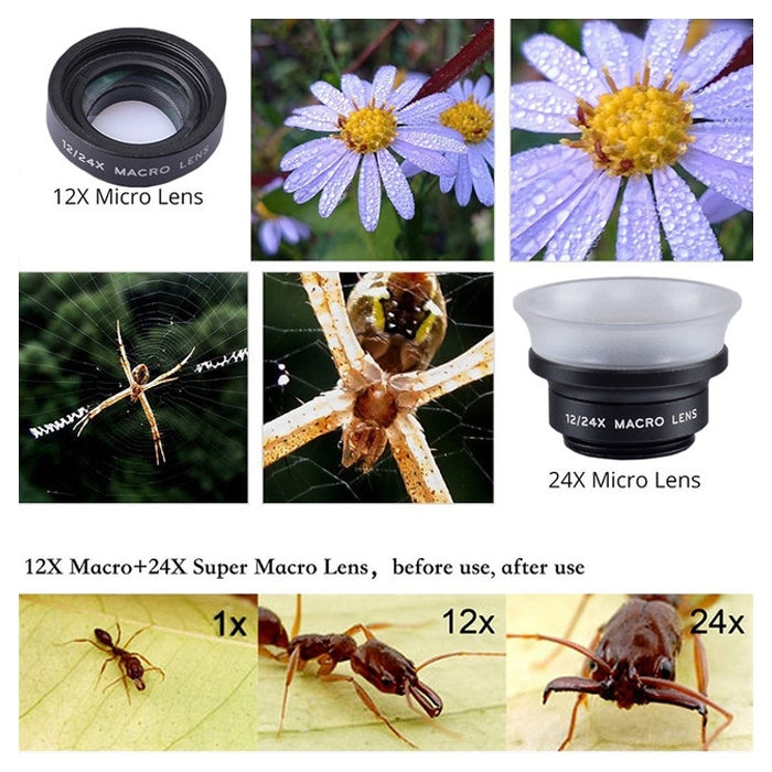 APEXEL APL-24X-H 2-in-1 범용 외장 12X & 24X 매크로 휴대폰 렌즈, 렌즈 후드 포함