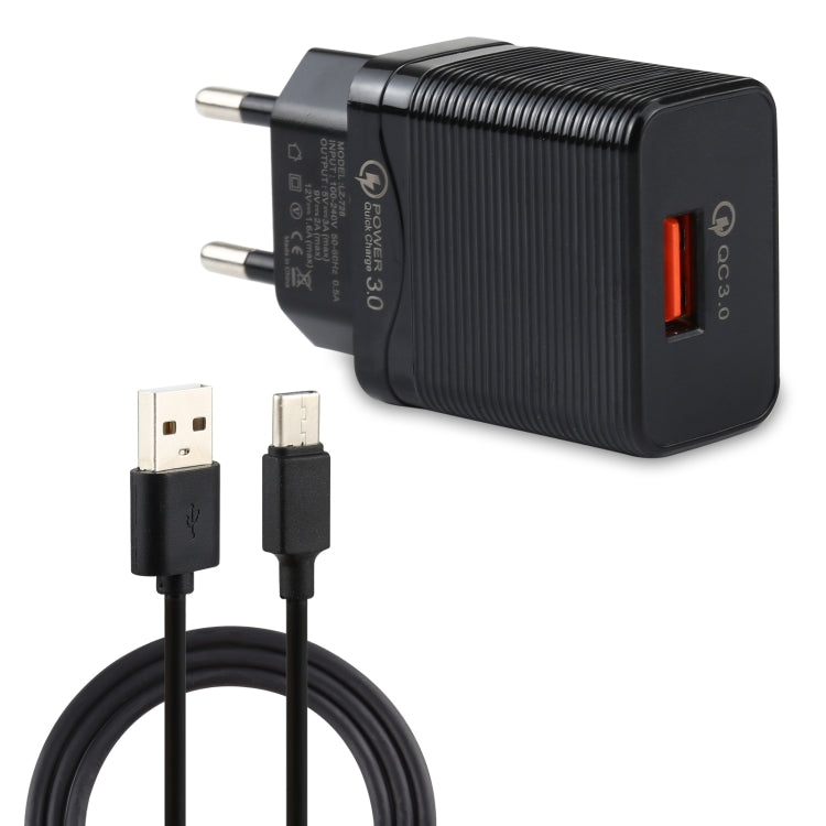 LZ-728 2-in-1 18W QC 3.0 USB 인터페이스 여행용 충전기 + USB to USB-C / Type-C 데이터 케이블 세트, EU 플러그, 케이블 길이: 1m, USB-C / Type-C 케이블 포함