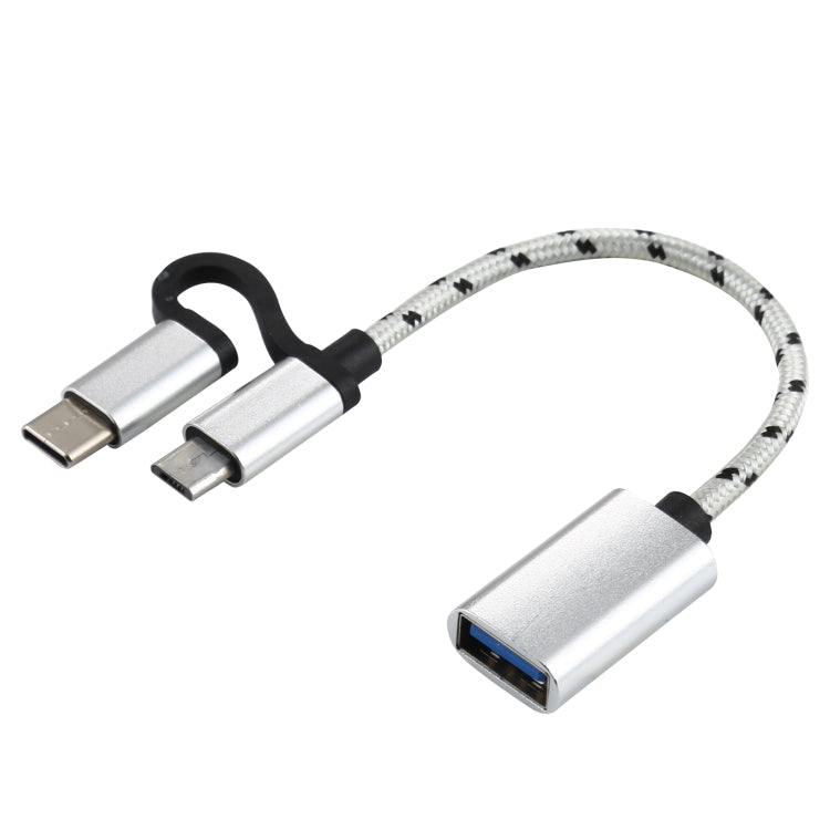USB 3.0 암형 to 마이크로 USB + USB-C / 타입-C 수형 충전 및 전송 OTG 나일론 꼬임 어댑터 케이블, 케이블 길이: 11cm, 마이크로 USB 블랙, 마이크로 USB 블루, 마이크로 USB 레드, 마이크로 USB 실버, 마이크로 USB 화이트