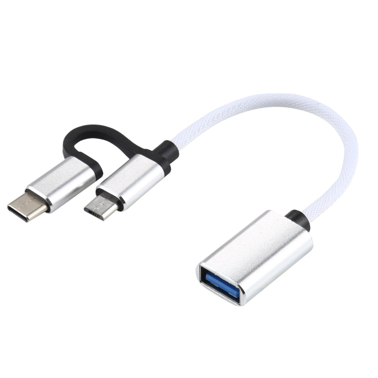 USB 3.0 암형 to 마이크로 USB + USB-C / 타입-C 수형 충전 및 전송 OTG 나일론 꼬임 어댑터 케이블, 케이블 길이: 11cm, 마이크로 USB 블랙, 마이크로 USB 블루, 마이크로 USB 레드, 마이크로 USB 실버, 마이크로 USB 화이트