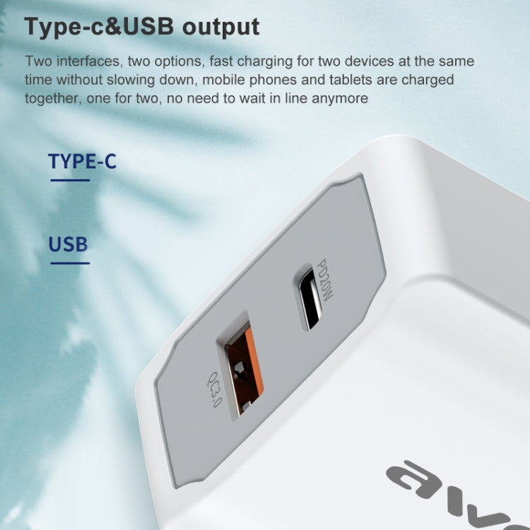 awei PD4 20W PD 타입-C + QC 3.0 USB 인터페이스 고속 충전 여행용 충전기 및 데이터 케이블, EU 플러그