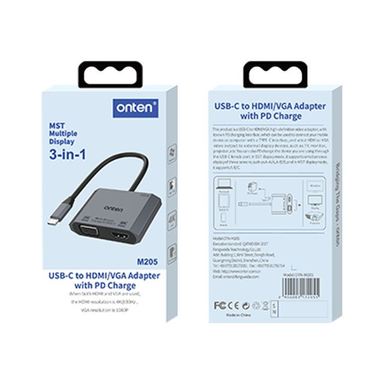 Onten M205 3-in-1 타입-C to HDMI+VGA+PD 고속 충전 비디오 컨버터, M205