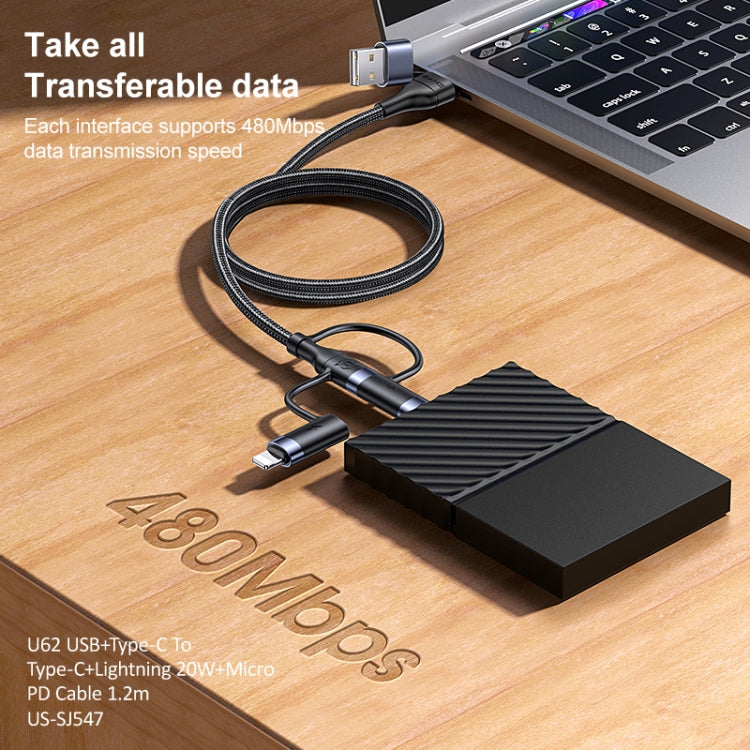 USAMS US-SJ547 U62 USB + Type-C / USB-C to Type-C / USB-C + 8핀 + 마이크로 알루미늄 합금 PD 고속 충전 데이터 케이블, 길이: 1.2m