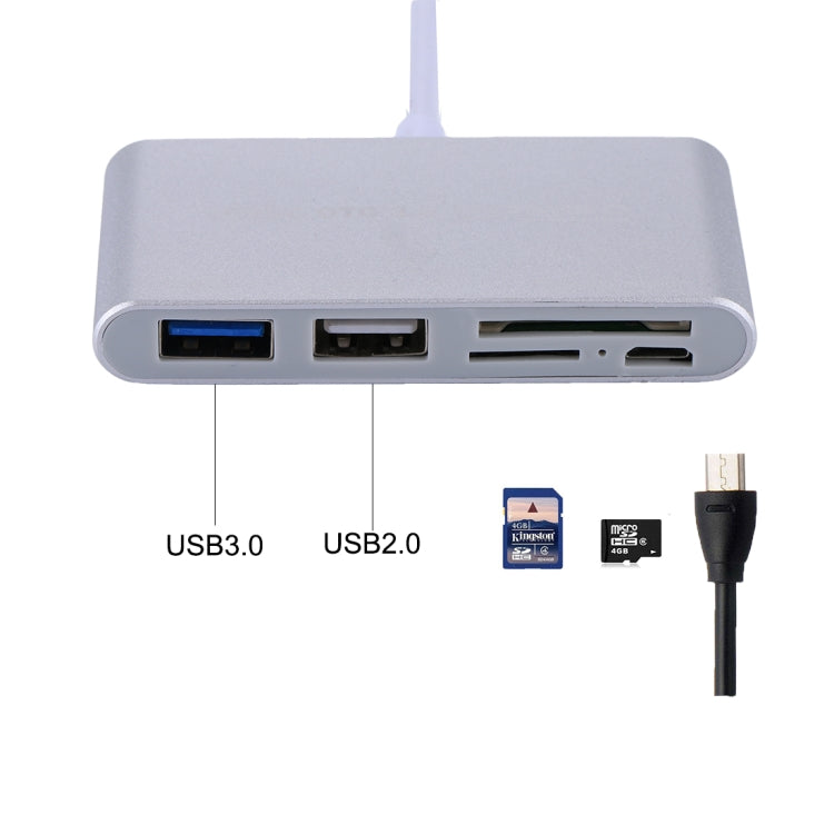 5-in-1 마이크로 SD + SD + USB 3.0 + USB 2.0 + 마이크로 USB 포트 to USB-C / 타입-C OTG 콤보 어댑터 카드 리더기, 태블릿, 스마트폰, PC용, 5-in-1(실버), 5-in-1(골드)