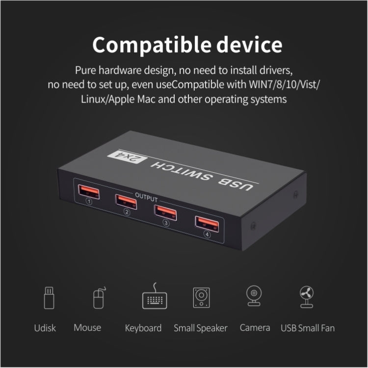 2x4 USB 스위치 2포트 PC 4대 장치 공유용 프린터 키보드 마우스 모니터, 2x4 USB 스위치