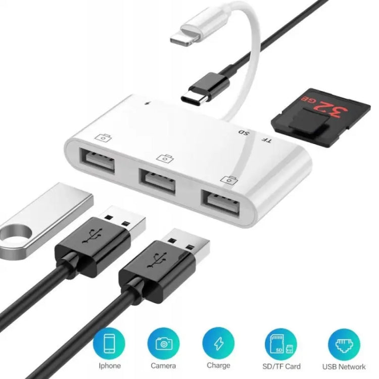 ZS-S1852 6 in 1 3 USB 암-8핀 수 OTG 카메라 카드 리더 어댑터, SD & TF 카드 및 8핀 충전 인터페이스 지원, 모든 iOS 시스템 호환