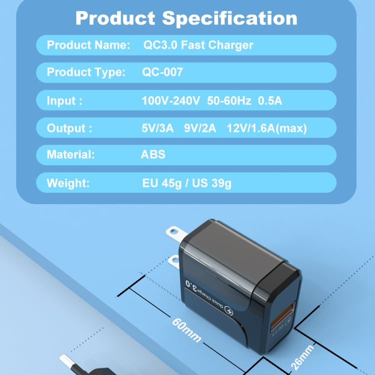 휴대용 QC3.0 18W USB 포트 범용 고속 충전기, US 플러그, US 플러그