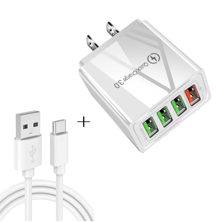 2-in-1 USB to USB-C / 타입-C 데이터 케이블 + 30W QC 3.0 4 USB 인터페이스 휴대폰 태블릿 PC 범용 고속 충전기 여행용 충전기 세트, 미국 플러그, USB-C / 타입-C 세트 미국 플러그
