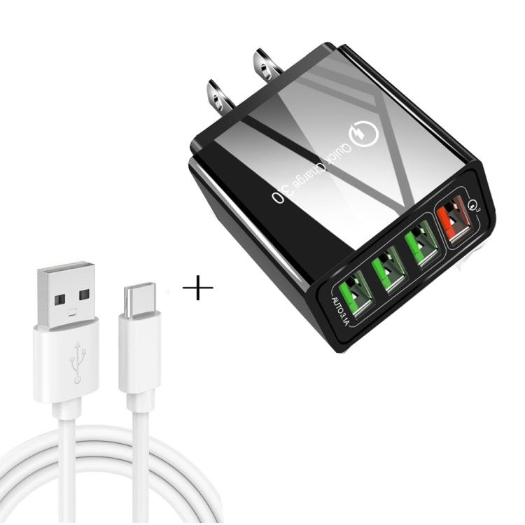 2-in-1 USB to USB-C / 타입-C 데이터 케이블 + 30W QC 3.0 4 USB 인터페이스 휴대폰 태블릿 PC 범용 고속 충전기 여행용 충전기 세트, 미국 플러그, USB-C / 타입-C 세트 미국 플러그