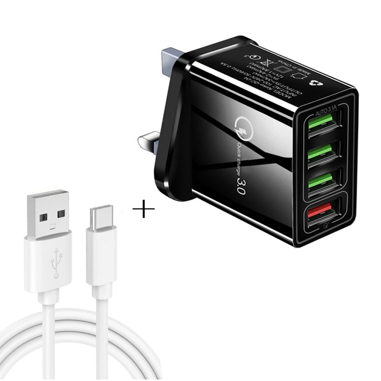 2-in-1 1m USB to USB-C / Type-C 데이터 케이블 + 30W QC 3.0 4 USB 포트 모바일폰 태블릿 PC 범용 고속 충전기 여행용 충전기 세트, UK 플러그, USB-C / Type-C 세트 UK 플러그