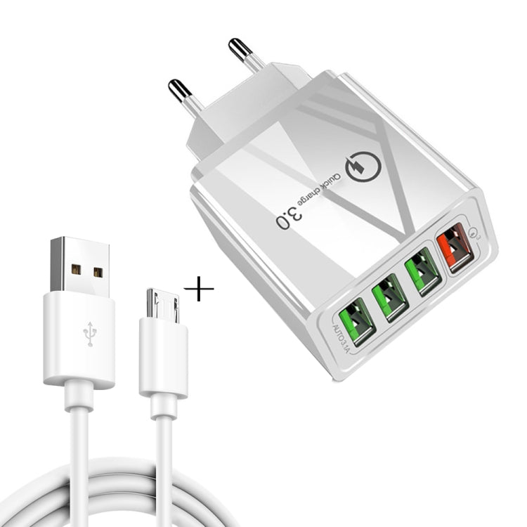 2-in-1 1m USB to Micro USB 데이터 케이블 + 30W QC 3.0 4 USB 포트 모바일폰 태블릿 PC 범용 고속 충전기 여행용 충전기 세트, EU 플러그, Micro USB 세트 EU 플러그