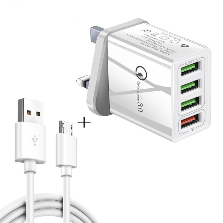 2-in-1 1m USB to Micro USB 데이터 케이블 + 30W QC 3.0 4 USB 포트 모바일폰 태블릿 PC 범용 고속 충전기 여행용 충전기 세트, UK 플러그, Micro USB 세트 UK 플러그