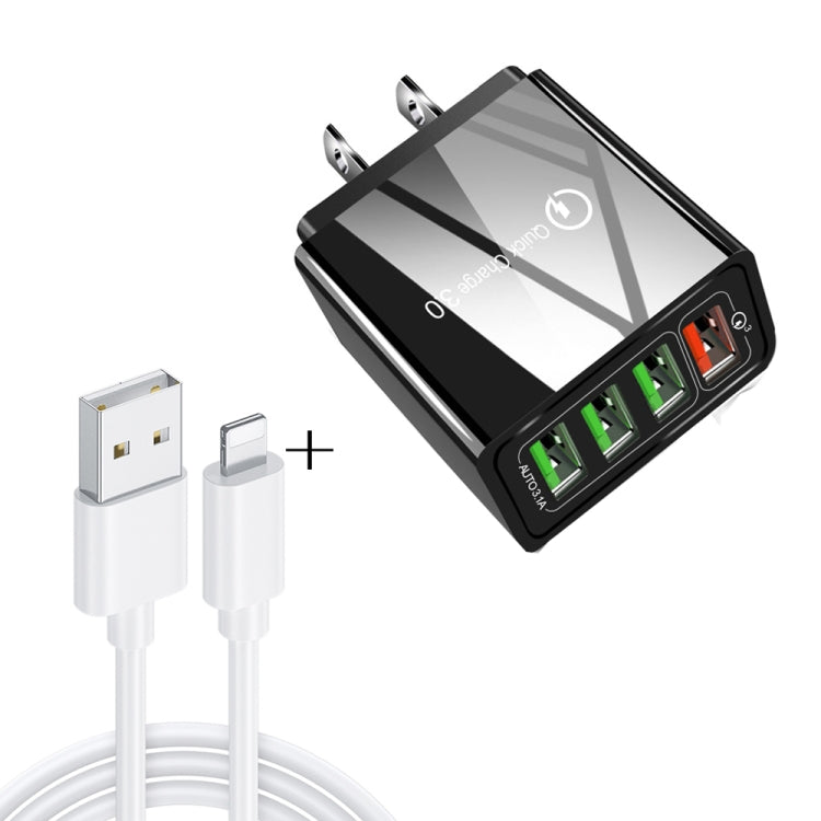 2 in 1 1m USB to 8핀 데이터 케이블 + 30W QC 3.0 4 USB 인터페이스 휴대폰 태블릿 PC 범용 고속 충전기 여행용 충전기 세트, US 플러그, 8핀 세트 US 플러그