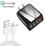 2 in 1 1m USB to 8핀 데이터 케이블 + 30W QC 3.0 4 USB 인터페이스 휴대폰 태블릿 PC 범용 고속 충전기 여행용 충전기 세트, US 플러그, 8핀 세트 US 플러그