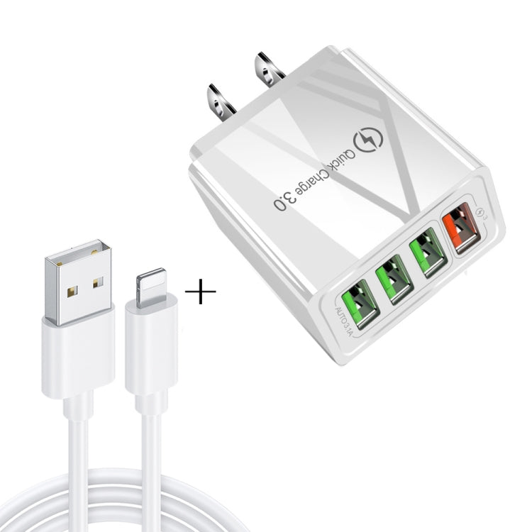 2 in 1 1m USB to 8핀 데이터 케이블 + 30W QC 3.0 4 USB 인터페이스 휴대폰 태블릿 PC 범용 고속 충전기 여행용 충전기 세트, US 플러그, 8핀 세트 US 플러그