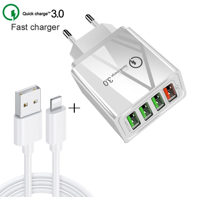2 in 1 1m USB to 8핀 데이터 케이블 + 30W QC 3.0 4 USB 인터페이스 휴대폰 태블릿 PC 범용 고속 충전기 여행용 충전기 세트, EU 플러그, 8핀 세트 EU 플러그