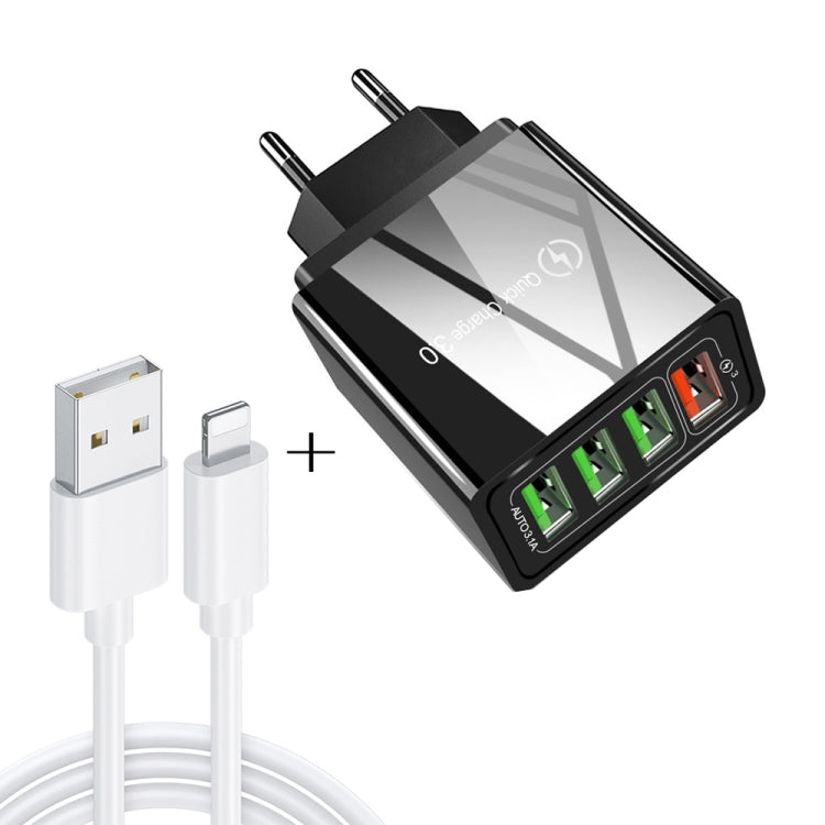 2 in 1 1m USB to 8핀 데이터 케이블 + 30W QC 3.0 4 USB 인터페이스 휴대폰 태블릿 PC 범용 고속 충전기 여행용 충전기 세트, EU 플러그, 8핀 세트 EU 플러그