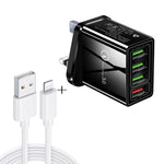 2 in 1 1m USB to 8핀 데이터 케이블 + 30W QC 3.0 4 USB 인터페이스 휴대폰 태블릿 PC 범용 고속 충전기 여행용 충전기 세트, UK 플러그, 8핀 세트 UK 플러그