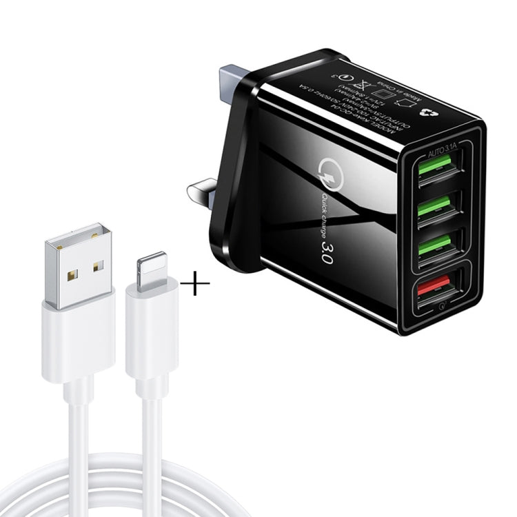 2 in 1 1m USB to 8핀 데이터 케이블 + 30W QC 3.0 4 USB 인터페이스 휴대폰 태블릿 PC 범용 고속 충전기 여행용 충전기 세트, UK 플러그, 8핀 세트 UK 플러그
