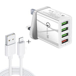 2 in 1 1m USB to 8핀 데이터 케이블 + 30W QC 3.0 4 USB 인터페이스 휴대폰 태블릿 PC 범용 고속 충전기 여행용 충전기 세트, UK 플러그, 8핀 세트 UK 플러그