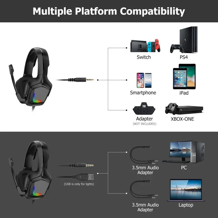 ONIKUMA K20 PS4 헤드셋 스테레오 게이밍 헤드셋 마이크/LED 라이트 포함, XBox One/노트북 태블릿용
