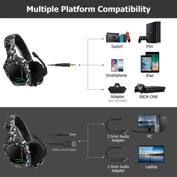 ONIKUMA K20 PS4 서라운드 사운드 베이스 PC 게이머 헤드폰 마이크 포함, RGB 라이트