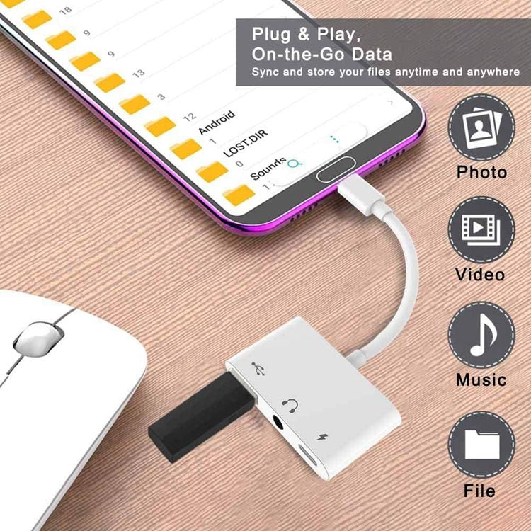 3.5mm 헤드폰 잭이 포함된 3-in-1 USB-C OTG 어댑터, iPad Pro 및 Type-C 잭 휴대폰 호환, 3-in-1