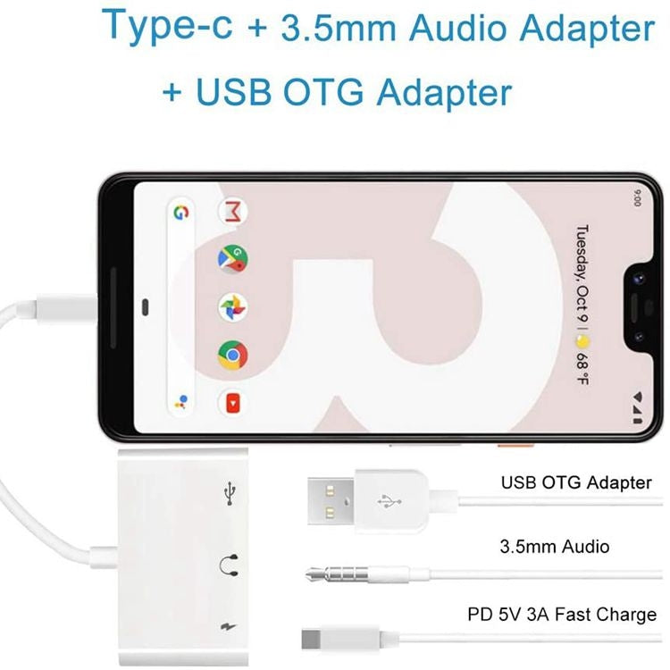 3.5mm 헤드폰 잭이 포함된 3-in-1 USB-C OTG 어댑터, iPad Pro 및 Type-C 잭 휴대폰 호환, 3-in-1