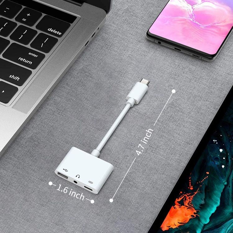 3.5mm 헤드폰 잭이 포함된 3-in-1 USB-C OTG 어댑터, iPad Pro 및 Type-C 잭 휴대폰 호환, 3-in-1