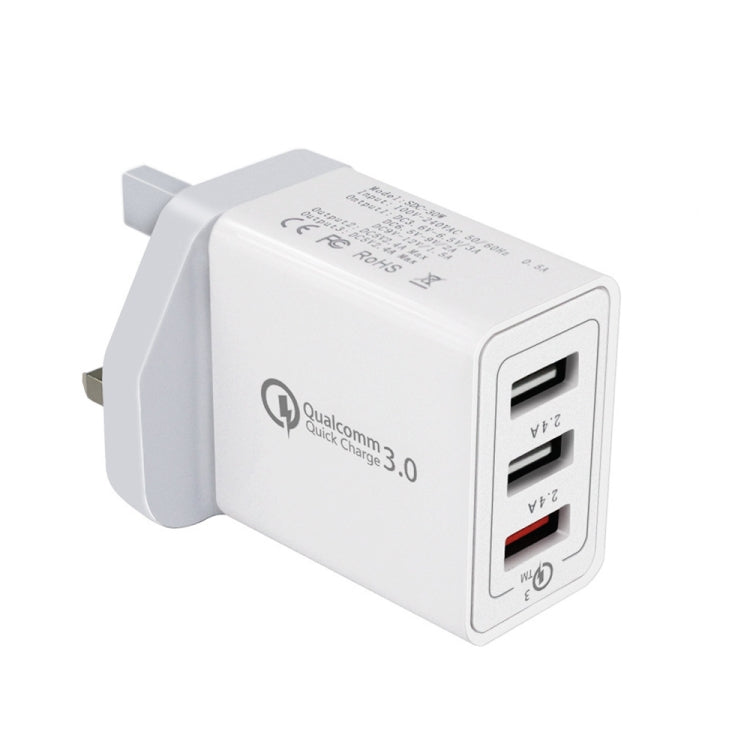 SDC-30W 30W QC 3.0 USB + 2.4A 듀얼 USB 2.0 포트 휴대폰 태블릿 PC 범용 고속 충전기 여행용 충전기, 영국 플러그, 영국 플러그