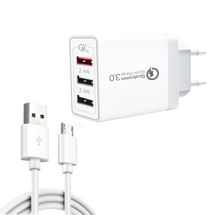 SDC-30W 2-in-1 USB to Micro USB 데이터 케이블 + 30W QC 3.0 USB + 2.4A 듀얼 USB 2.0 포트 휴대폰 태블릿 PC 범용 고속 충전기 여행용 충전기 세트, EU 플러그, Micro USB 케이블 포함, EU 플러그