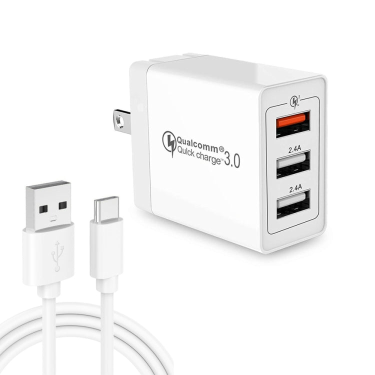 SDC-30W 2-in-1 USB to USB-C / 타입-C 데이터 케이블 + 30W QC 3.0 USB + 2.4A 듀얼 USB 2.0 포트 휴대폰 태블릿 PC 범용 고속 충전기 여행용 충전기 세트, 미국 플러그, USB-C / 타입-C 케이블 포함, 미국 플러그