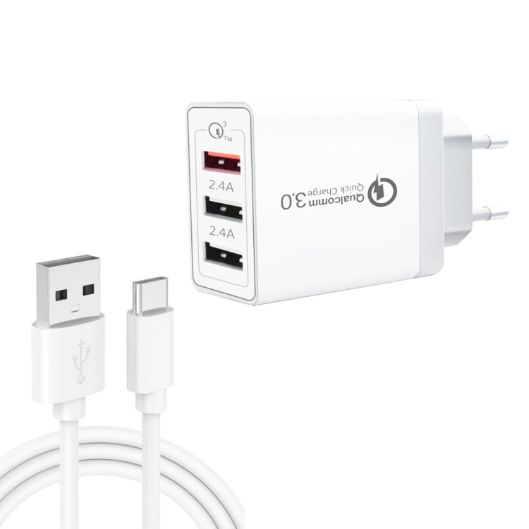 SDC-30W 2-in-1 USB to USB-C / 타입-C 데이터 케이블 + 30W QC 3.0 USB + 2.4A 듀얼 USB 2.0 포트 휴대폰 태블릿 PC 범용 고속 충전기 여행용 충전기 세트, EU 플러그, USB-C / 타입-C 케이블 포함, EU 플러그