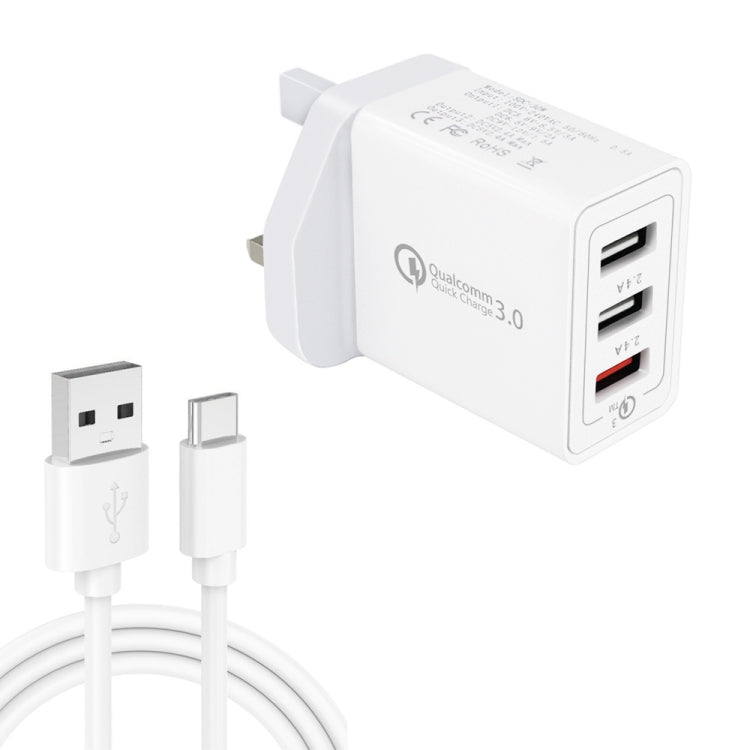 SDC-30W 2-in-1 USB to USB-C / 타입-C 데이터 케이블 + 30W QC 3.0 USB + 2.4A 듀얼 USB 2.0 포트 휴대폰 태블릿 PC 범용 고속 충전기 여행용 충전기 세트, UK 플러그, USB-C / 타입-C 케이블 포함, UK 플러그