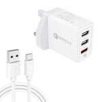 SDC-30W 2 in 1 USB to USB-C / Type-C Data Cable + 30W QC 3.0 USB + 2.4A Dual USB 2.0 Ports Mobile Phone Tablet PC Universal Quick Charger Travel Charger Set, UK Plug, with USB-C / Type-C Cable, UK Plug
