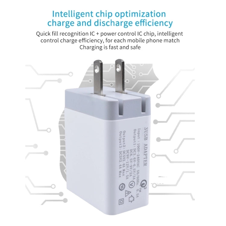 SDC-30W 2-in-1 USB to 8핀 데이터 케이블 + 30W QC 3.0 USB + 2.4A 듀얼 USB 2.0 포트 휴대폰 태블릿 PC 범용 고속 충전기 여행용 충전기 세트, 미국 플러그, 8핀 케이블 포함, 미국 플러그
